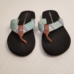 Tommy Hilfiger Light Blue Striped Brown Leather Thong Flip Flops Size 5M